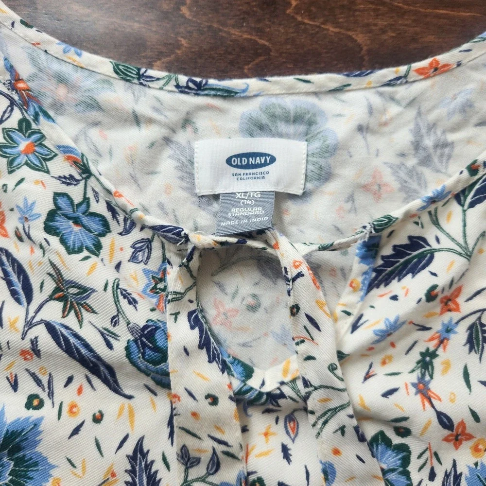 Old Navy Floral Tiered Dress Kids XL 14 Cream Blue Excellent Boho 3/4 Sleeve